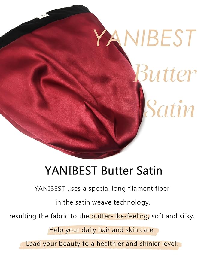 YANIBEST Silk Satin Bonnet Hair Wrap for Sleeping, Adjustable Slouchy Beanie for Women, Silk Lined for Curly Hair and Braids, Black-Wine