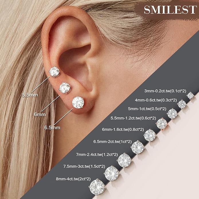 SMILEST 0.2-4ct Moissanite Screw Back Earrings, D Color VVS1 Clarity Lab Created Moissanite 14K White Yellow Rose Gold Ruthenium Vermeil 925 Sterling Silver Moissanite Earrings for Women Men Jewelry Gifts