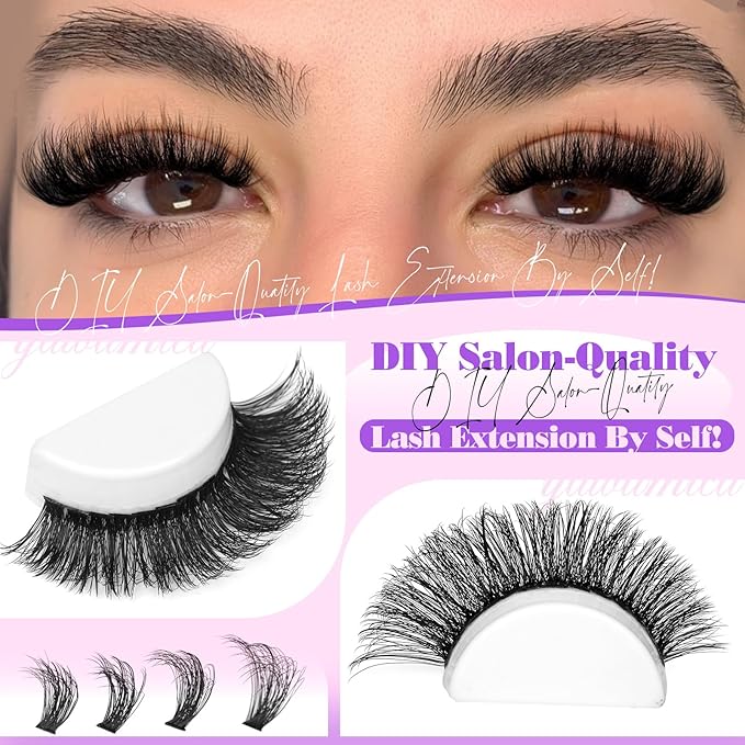 Yawamica Lash Clusters Kit Fluffy Eyelash Extension Kit 10-16mm Eyelash Clusters 50D Volume Individual Lashes 240pcs D Curly Cluster Eyelash Extensions DIY Cluster Lashes with Bond and Seal Tweezers