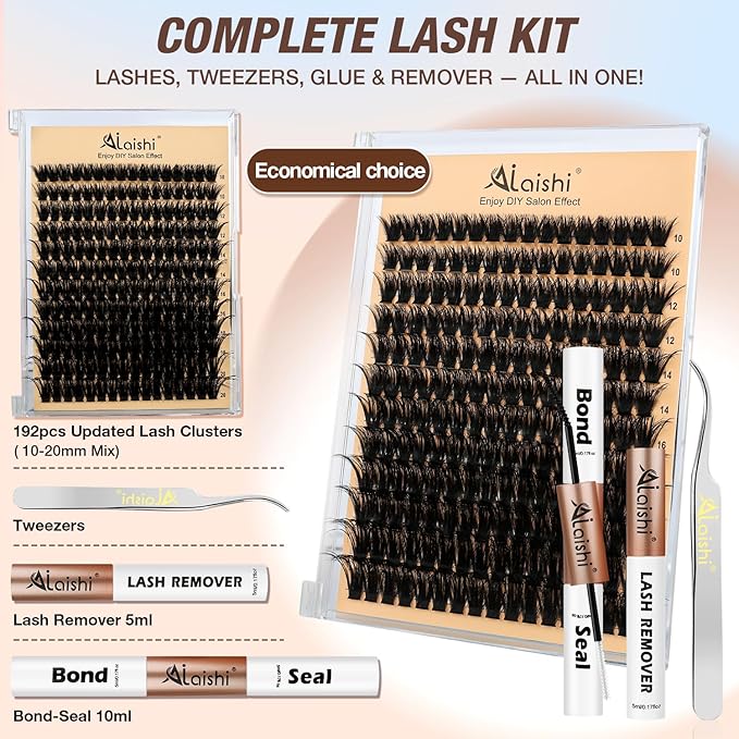 AILAISHI Lash Clusters Kit, DIY Cluster Eyelash Extensions 10‑20mm, 100D, 192pcs Fluffy D Curl Natural Lashes with Bond & Seal,Remover,Tweezers – Fake Cat Eye Individual Clusters