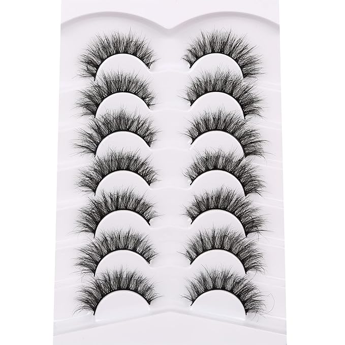 Pooplunch False Eyelashes Cat Eye Lashes 8D Volume Thick Crossed Natural Faux Mink Lashes Fake Eyelash Strips 7 Pairs Pack