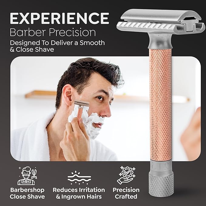 Parker THE VARIANT CLOSED COMB - ADJUSTABLE Double Edge Safety Razor, Customize your Shave with a Turn of the Dial from Mild to Aggressive - 5 Blades Included (ROSE GOLD)