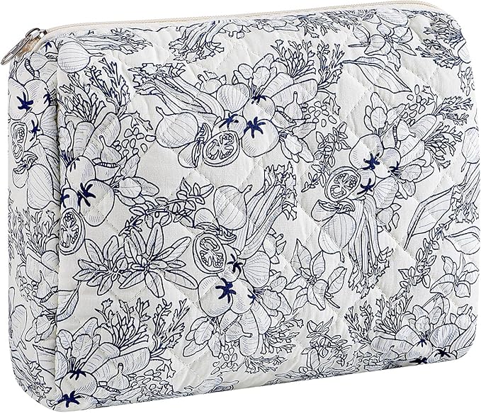 Cute Floral Makeup Bag Large Cotton Quilted Cosmetic Bag, Aesthetic Essential Bag Toiletry Period Bag for Women Travel Accessories (Navy Flowers)