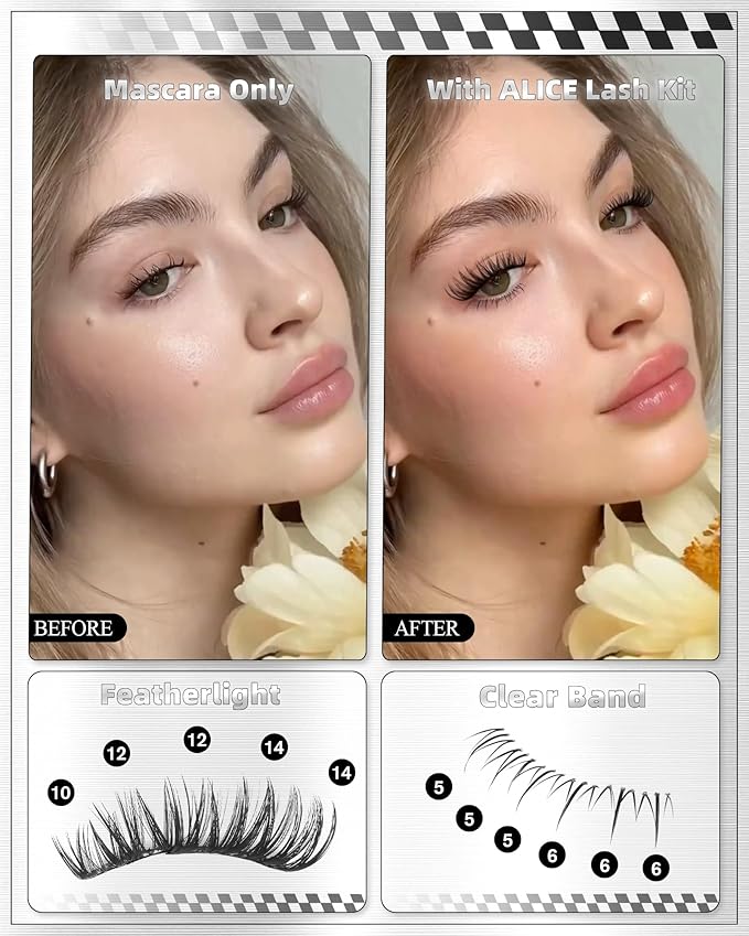 Flaunt Lash Clusters Kit Natural Wispy Lash Extension Kit Short 10mm-12mm-14mm Cluster Eyelash Extension Kit Individual Lashes Kit with Bottom Lashes Bond and Seal by ALICE