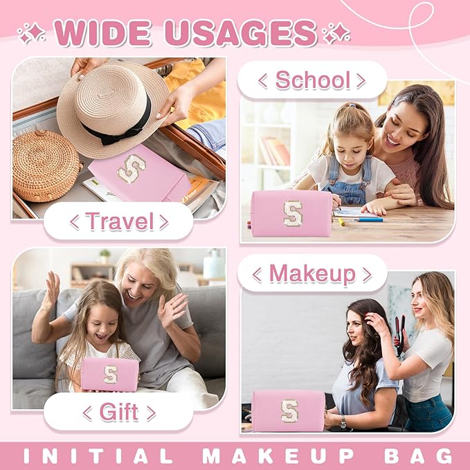 Small Personalized Initial A-Z Patch Makeup Bag,Pink Cute PU Leather Glitter Letter Cosmetic Bag for Teen Girls,Travel Toiletry Bag with Zipper,Preppy Monogrammed Birthday Gift for Daughter Niece S