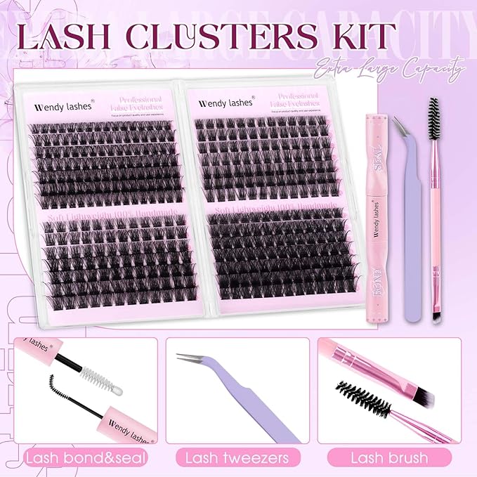 Lash Clusters Kit Wispy Eyelash Extensions 10-18mm D Curly DIY Individual Lashes Kit for Natural Volume Includes Lash Bond and Seal Tweezers DIY at Home Salon Quality Beginner Friendly