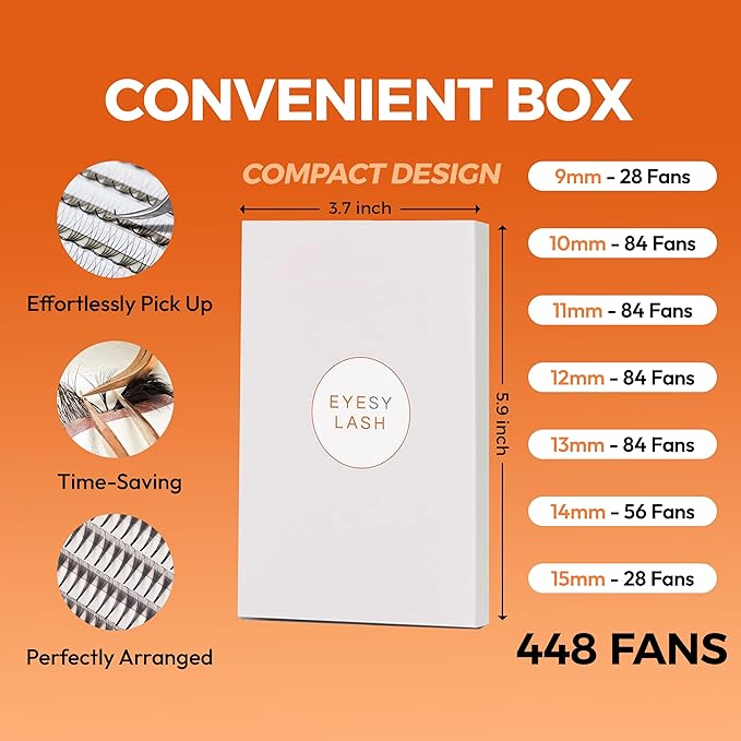 Eyesy Lash 448 Narrow Promade Fans - 10D 0.07mm Thickness D Curl 9-15mm Mixed Lengths - Mega Volume Eyelash Extension Long Stem Narrow Premade Lash Fans Fluffy Pre Made Eyelash Extension Trays