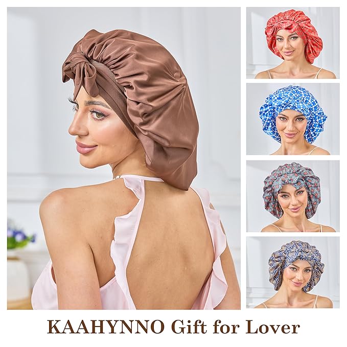 Silk Satin Bonnet for Sleeping Hair: Women Sleep Night Wrap Cap for Straight Wavy Curly Coily Kinky Natural Hair Head by Tie Band - Coffee + Gold