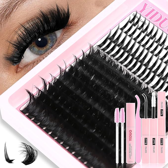 YIDUO Lashes Clusters Kit 150D Volume EyeLash Clusters with Spikes 12-20MM D Curl Manga Wispy Eyelashes Extensions Kit 230pcs Thick Individual DIY Eyeash Clusters with Bond and Seal Tweezers Removers