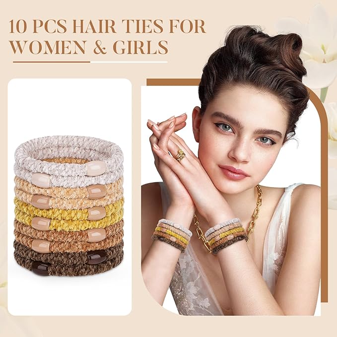 Braided Hair Ties No Damage, 10 Pcs Soft Plush Hair Bands for Women's Hair, Bracelet Hair Elastics & Ponytail Holders for Thick Hair - Terra Brown