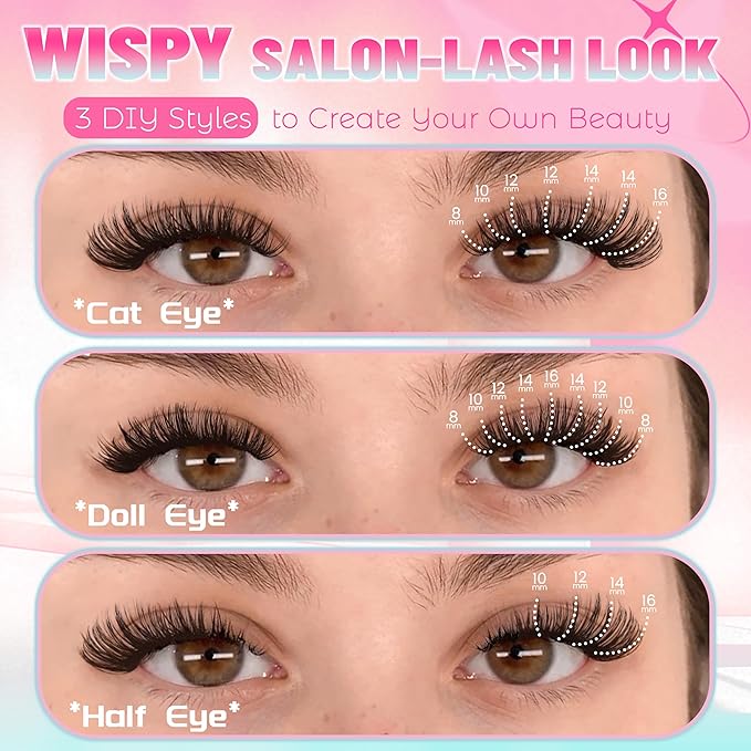 Lash Clusters Fluffy Eyelash Extensions 280Pcs 50D 60D Volume Individual Lashes DIY Lash Extensions D Curl Wispy Natural 8-16MM Mixed Clusters Lashes (50D+60D)