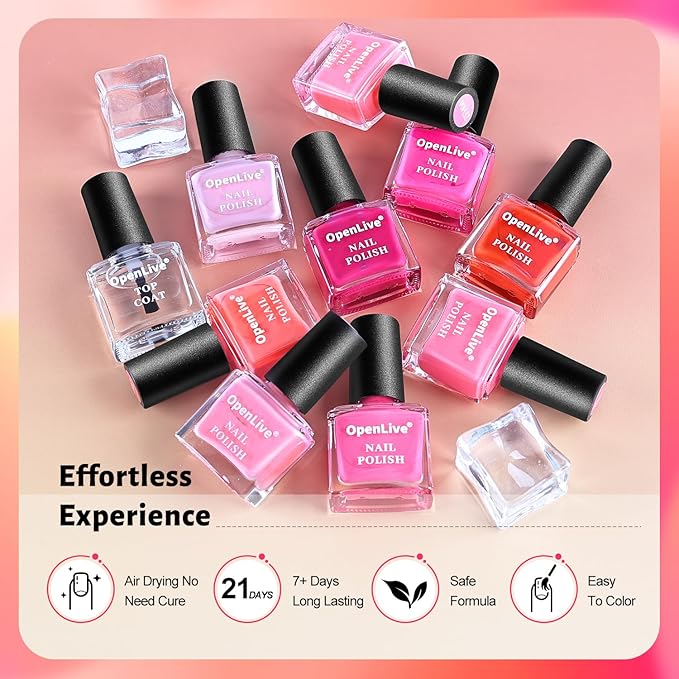 OpenLive 12 PCS Pink Nail Polish Set With 10 Colour Combo, 2 PCS Base and Top Coat, Fast Drying Long Lasting Nail Polish for Holiday Gift Giving