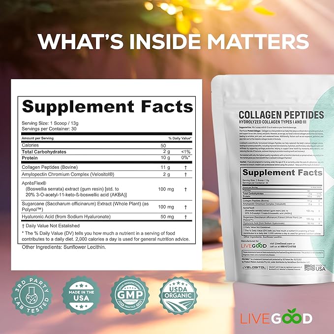 LIVEGOOD Collagen Peptides Powder, Hydrolyzed Type I and III Collagen for Hair Skin Nails and Joints, Unflavored Grass-Fed Collagen Supplement for Mobility and Recovery (30 Servings)