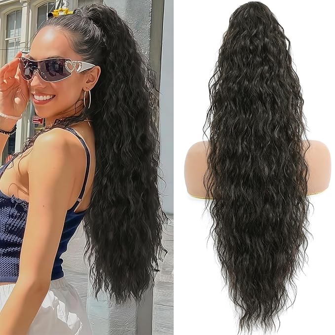 Ponytail Extension, Claw Clip on Pony tails Hair Extension for Women 28 Inch Long Wavy Curly Fake Ponytail Clip in Hair Pieces for Women Fluffy Natural Looking (Dark Brown, 28 Inch)
