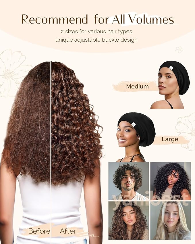 YANIBEST Silk Satin Bonnet Hair Wrap for Sleeping - Adjustable Stay on Silk Lined Slouchy Beanie Hat for Curly Hair and Braids