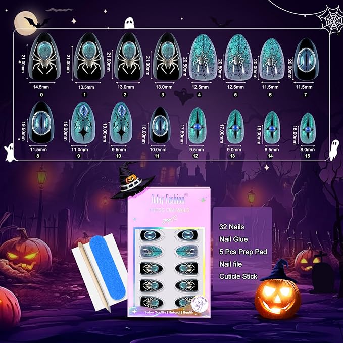 Press On Nails Halloween Almond - Spider Gem, Chameleon Cat Eye Effect Halloween Nails, Acrylic Square Short Halloween Fake Nails with Nail Glue, Stick On Nails in 16 Sizes - 32 PCS Soft Gel Kit