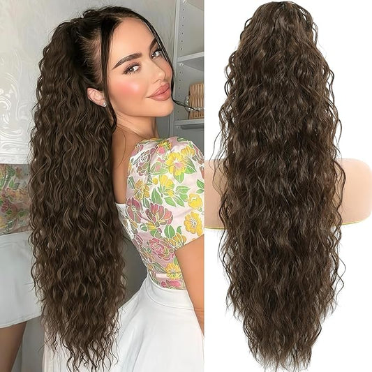 Ponytail Extension, Claw Clip on Pony tails Hair Extension for Women 28 Inch Long Wavy Curly Fake Ponytail Clip in Hair Pieces for Women Fluffy Natural Looking (Chocolate Brown, 28 Inch)