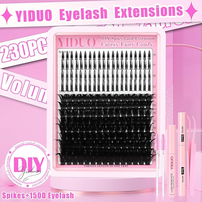 YIDUO Lashes Clusters Kit 150D Volume EyeLash Clusters with Spikes 12-20MM D Curl Manga Wispy Eyelashes Extensions Kit 230pcs Thick Individual DIY Eyeash Clusters with Bond and Seal Tweezers Removers
