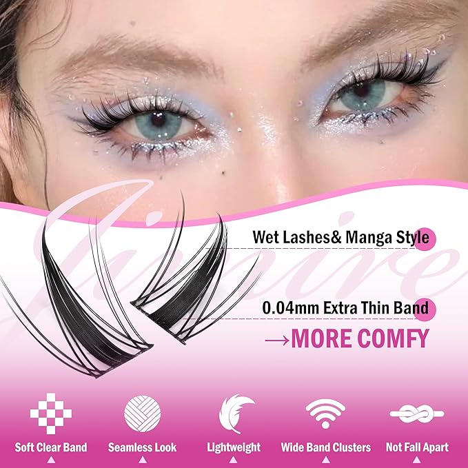 JIMIRE Lash Clusters Kit Manga Cluster Lashes Natural Look Wispy DIY Lash Extension Kit with Lash Bond and Seal Waterproof 110Pcs 8-16MM Wispy D Curl Individual Lashes Wet-Look Eyelash Extension