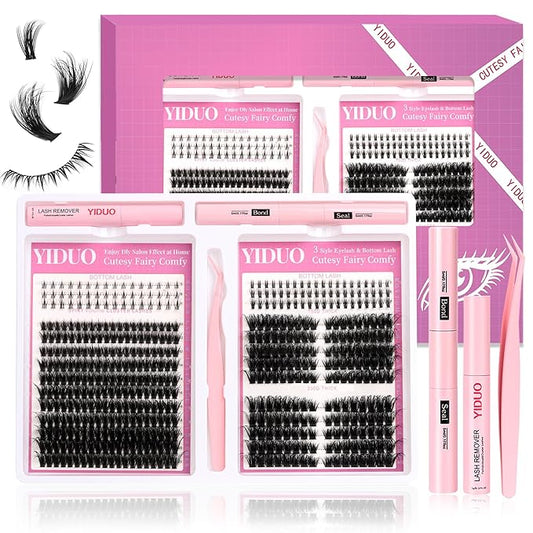 YIDUO Lashes Clusters Kit Gift Packs D Curl Cat-Eye Wispy Individual Faux Mink Fake Eyelashes, Volume Studio Effect, 498Pcs DIY False Eyelash Extensions with Bottom Lashes|Glue|Removers|Tweezers