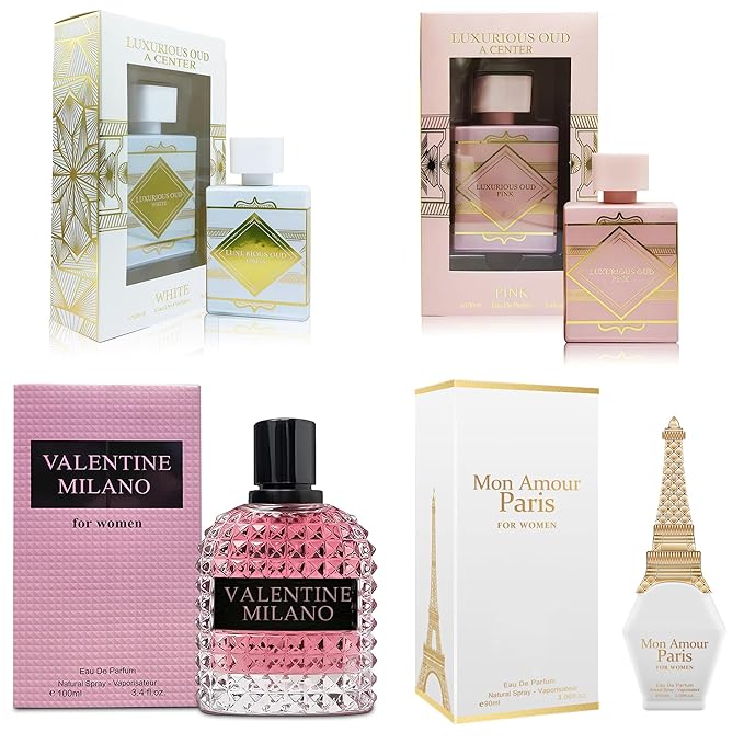 A CENTER 4PCS Perfume Set for Women - Floral Fragrance Gift Set with Vanilla,Sweet Fruity, Eau De Parfume| 3.4 Fl Oz Each Women's Cologne(Valentine Milano,Mon Amour Paris,Luxurious Pink/White)