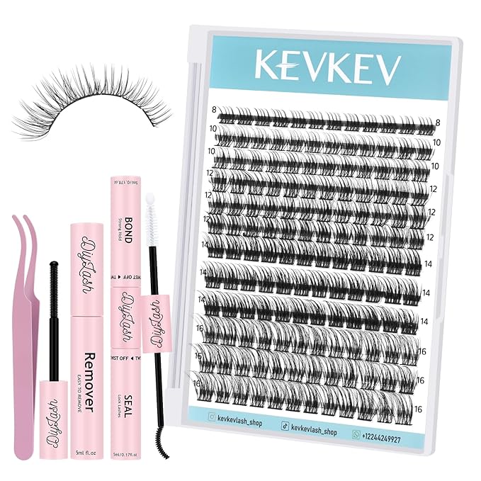 KevKev Lash Extension Kit Lash Clusters Kit 144Pcs 8-16mix Length Ultra Soft Eyelash Extension Kit Lash Bond and Seal Lash Glue Lash Remover for DIY Eyelash Extensions(Wetland, D-8-16mix)
