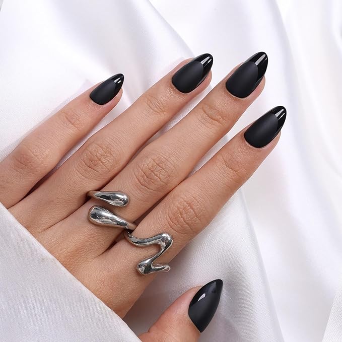 SHANGMENG Soft Gel Black Press on Nails Almond - Short Nails with Glossy French Tips in a Matte Finish, Stick on Nails with Glue in 16 Sizes - 32 Reusable Fake Nails for Women, Matte Black