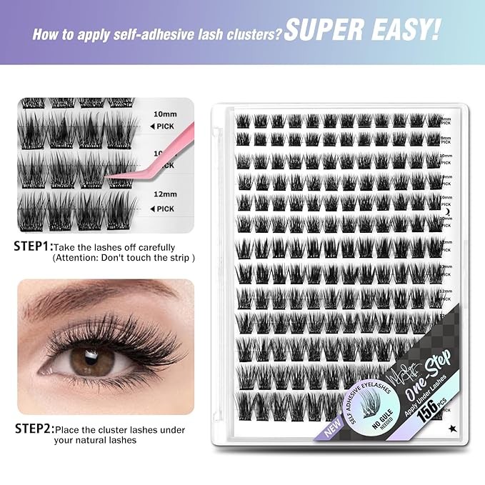 Madam Fifi 156 PCS Self-Adhesive Lash Clusters – No Glue Needed, Dual-Row Sticky Strip Lashes, DIY Individual Lash Extensions, Super Hold False Eyelashes (Volume-Mixed)