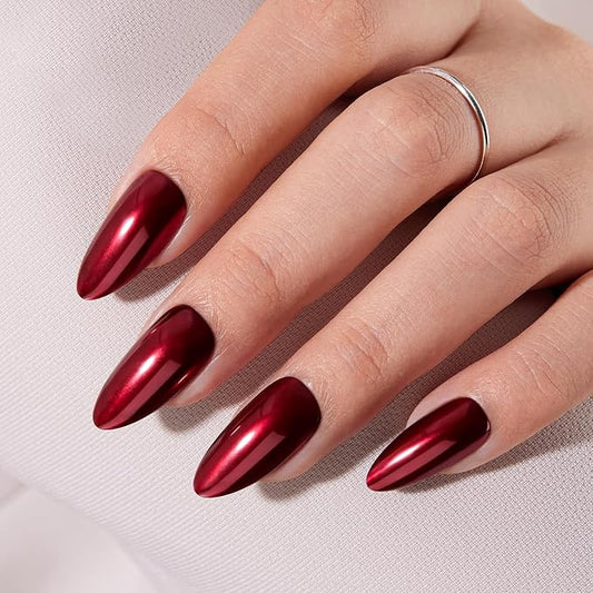 VSALON Press On Nails Almond, 32 Pcs 16 Sizes Red Press On Burgundy Chrome Metallic Medium Fake Nails With Glue & Cuticle Oil, Reusable Stick On Nails False Nails Kit Valentines Gift For Women