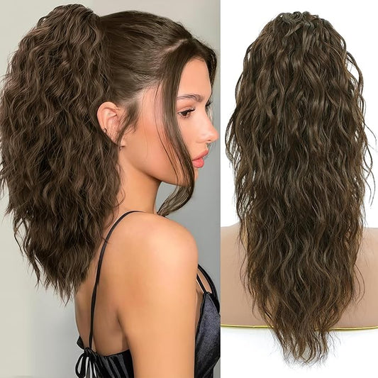 Ponytail Extension, Claw Clip on Pony tails Hair Extension for Women 18 Inch Long Wavy Curly Fake Ponytail Clip in Hair Pieces for Women Fluffy Natural Looking (Chocolate Brown, 18 Inch)