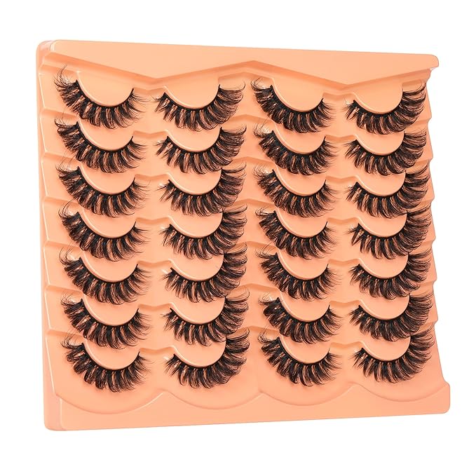 JIMIRE False Eyelashes 14 Pairs Cat Eye Lashes Wispy Fluffy D Curl Strip Natural Lashes Look Like Eyelash Extension 16MM Wispy Faux Mink Fake Lashes Pack