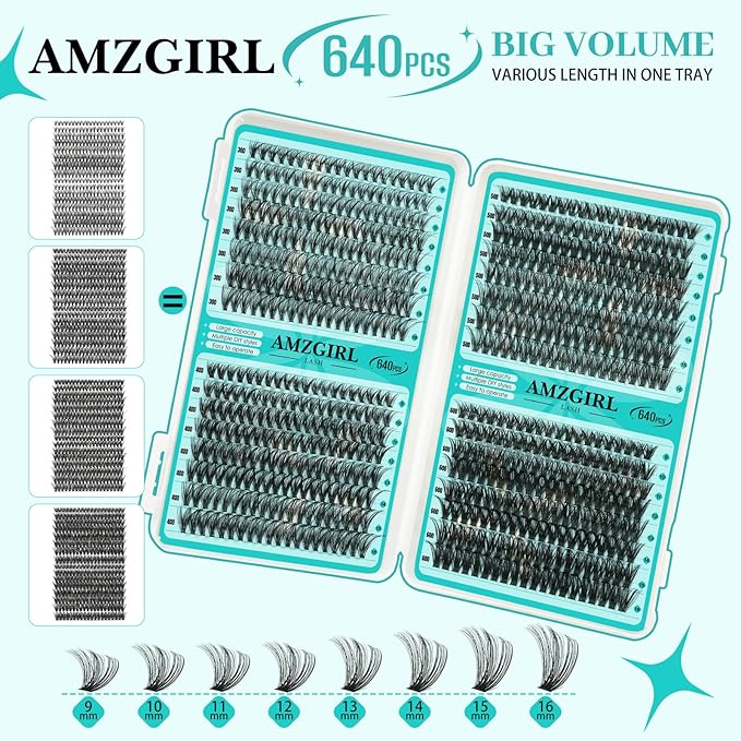Lash Clusters Kit 640Pcs, 30D+40D+50D+60D Eyelash Extension Kit, Lash Bond and Seal Waterproof, Lash Remover, Lash Applicator Tool and Function Brush for DIY Lash Extension Kit(D-Mix9-16mm Kit)