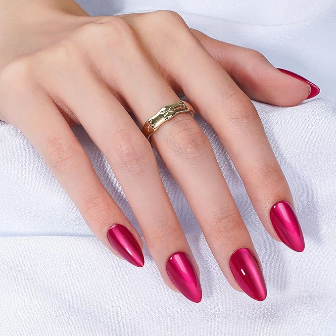Canvalite Short Almond Press On Nails, 30Pcs Cat Eye Press on Nails Reusable Acrylic Fake Nails with Glue & Glue Remover Easy to Use Manicure Kit for Women, Rose Red