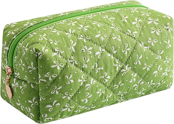 Cute Floral Makeup Bag Small Cotton Quilted Cosmetic Bag, Aesthetic Essential Bag Emergency Bag Gift for Women Girls Travel Accessories (Green)