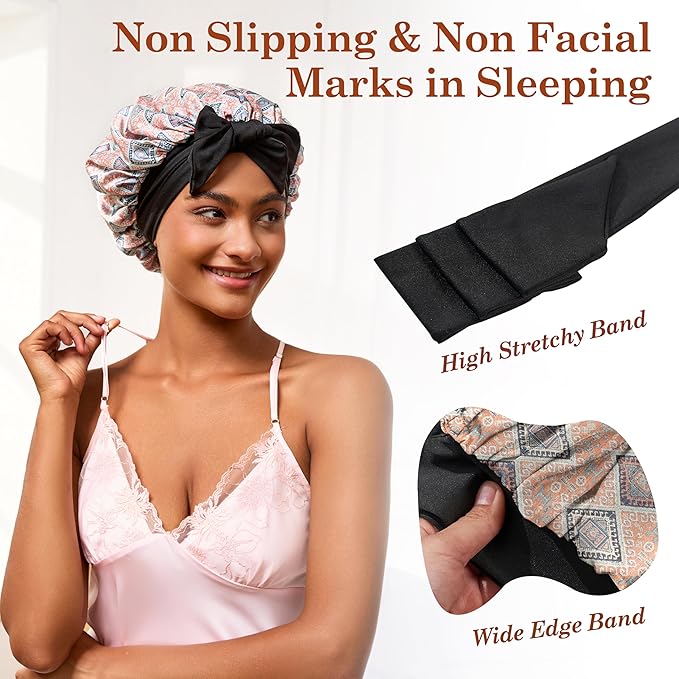 Tie Band Silk Satin Bonnet for Sleeping Hair: Women Sleep Night Wrap Cap for Straight Wavy Curly Coily Kinky Natural Hair Head - Bohemia