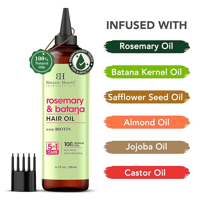 Botanic Hearth Hair Oil for Hair Growth & Hair Relaxer | Strengthening Dry, Frizzy, Damaged Hair & Scalp Treatment | Rosemary & Batana Hair Oil – 6.7 Fl Oz