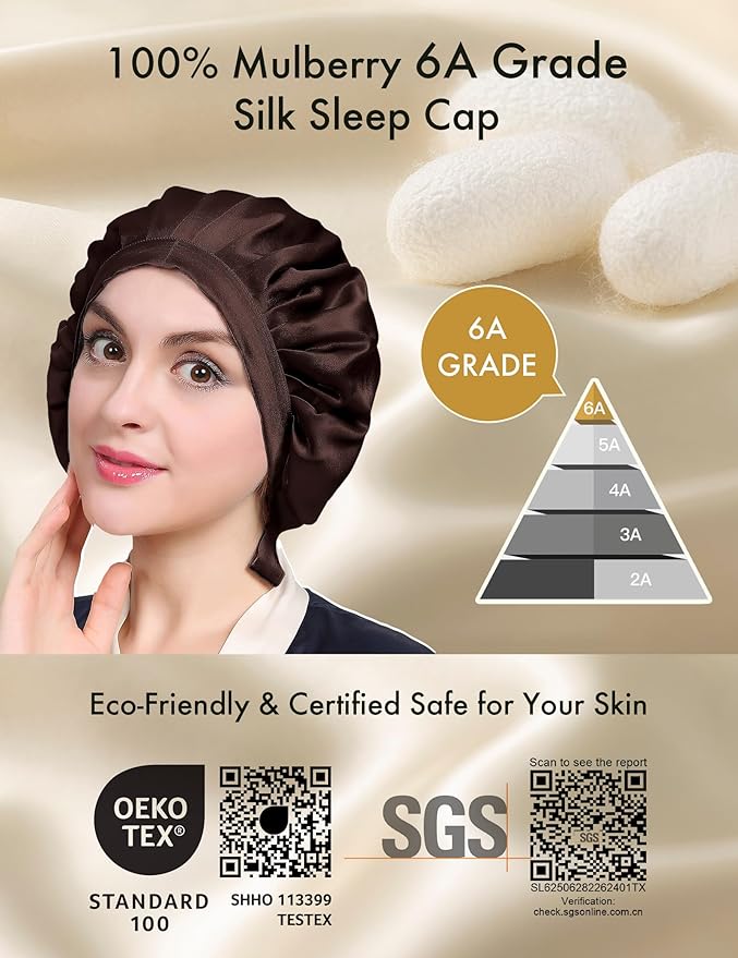 LilySilk 100% Mulberry Silk Bonnet Flat Front Silk Night Sleep Cap Adjustable Hair Wrap for Sleeping, Dark Brown