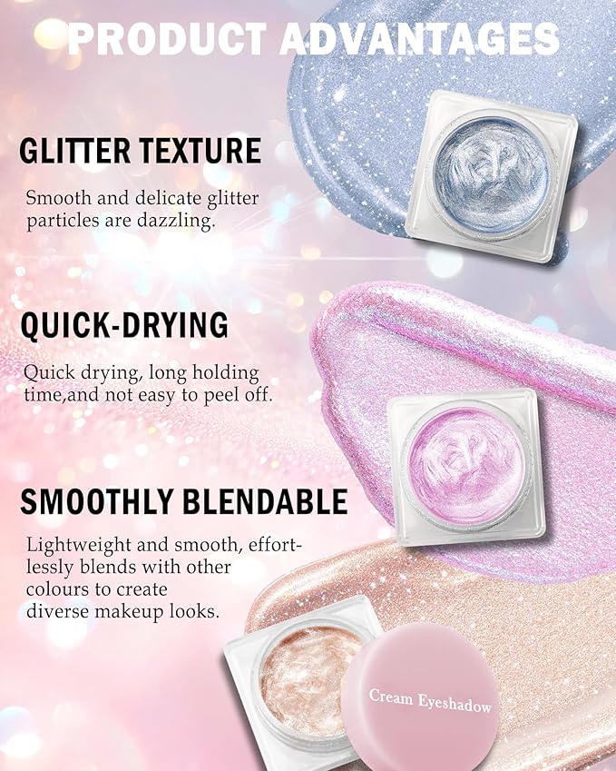 Glitter Cream Eyeshadow Palette, Beige Nude Shimmer Long-Lasting Eye Shadow Pot, Single Holographic Iridescent Eyeshadow Palette Eye Brightener, Smooth Texture Blendable Highlighter Women Makeup -05