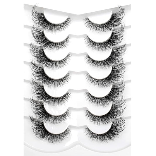 Pooplunch False Eyelashes Foxy Cat Eye Look Natural Lashes Wispy Short Extension Fluffy Volume Clear Band Faux Mink Fake Eyelash Strips 7 Pairs Pack