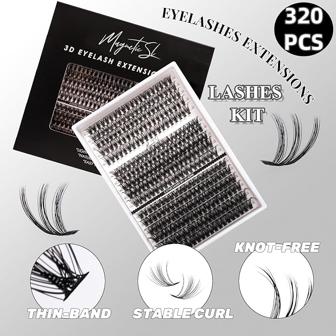 DIY Lash Extensions Kit 320pcs Individual Lashes Clusters 40D 50D 100D Eyelash Extension Kit with Applicator and Lash Bond+Seal, Lash Remover For False Eyelash Mix 11-20mm (40D+50D+100D KIT)