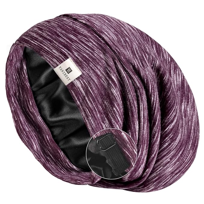 YANIBEST Hair Cover Bonnet Satin Sleep Cap - Purple Adjustable Stay on Silk Lined Slouchy Beanie Hat for Night Sleeping Surgical Hats for Women
