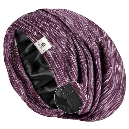 YANIBEST Hair Cover Bonnet Satin Sleep Cap - Purple Adjustable Stay on Silk Lined Slouchy Beanie Hat for Night Sleeping Surgical Hats for Women