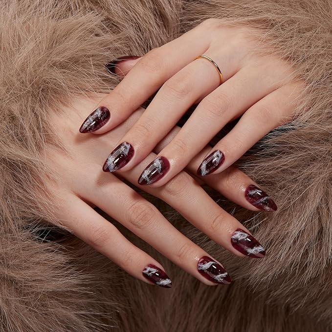 VSALON Press on Nails Short Almond - Brown Marble Glitter Glue On Nails Kit for Women, Reusable Opaque Salon Quality Winter Fake Nails - 32 PCS Stick on Nails in 16 Sizes with Glue & Cuticle Oil
