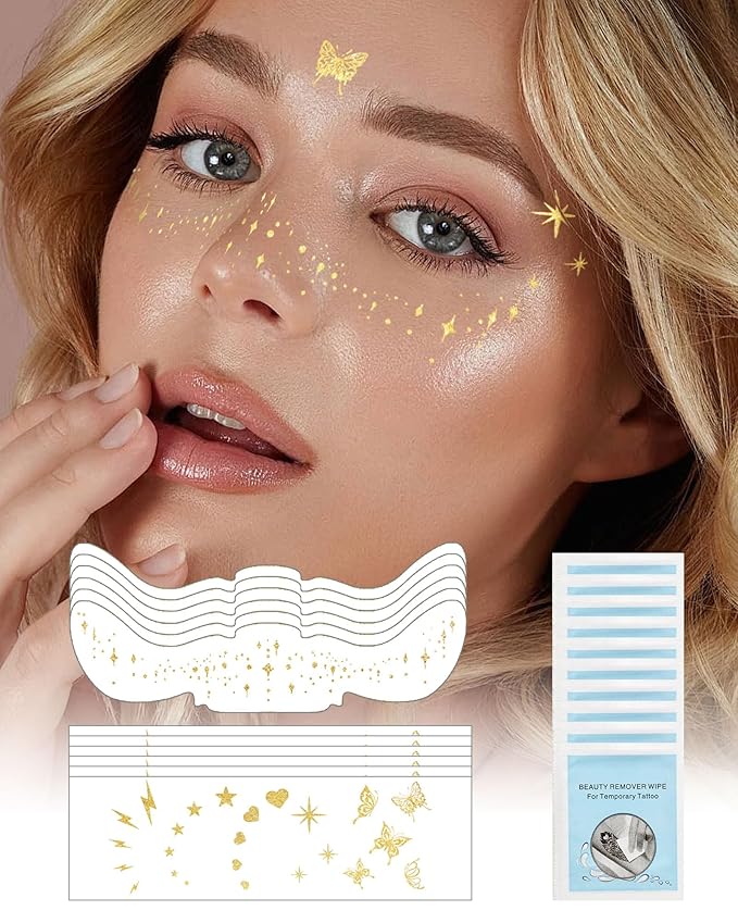 SUMEITANG Glitter Freckles Face Tattoo Patches - 12PCS Temporary Sparkle Face Stickers with 10 Remover Wipes | Waterproof Festival Rave Party Makeup Accessories for Women Girls (Gold)