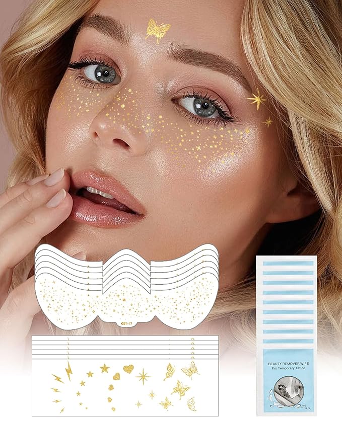 SUMEITANG Glitter Freckles Face Tattoo Patches - 12PCS Temporary Sparkle Face Stickers with 10 Remover Wipes | Waterproof Festival Rave Party Makeup Accessories for Women Girls (Gold)
