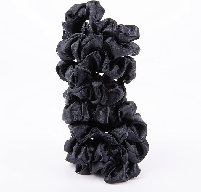 Amazon Basics Satin Scrunchies – No Crease, No Damage Hair Ties – Frizz Free, Gentle, Stylish Scrunchies. Black, 8 Count, For Thin and Normal Hair