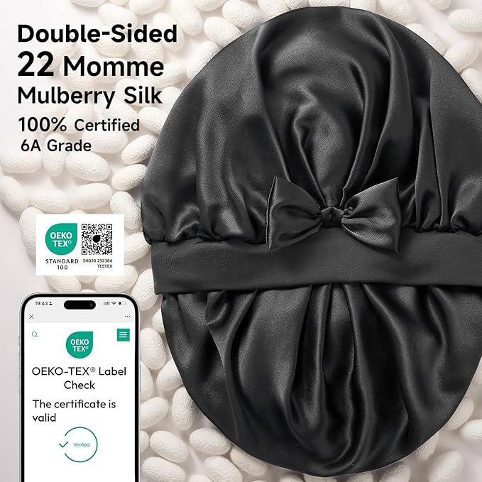 Double-Sided 22 Momme 100% Real Mulberry Silk Bonnet for Sleeping Women, Large Hair Care Bonnet for Long Curly Hair, Double Layer Silk Wrap with Soft Elastic Band, Non-Slip Sleep Cap, Jet Black