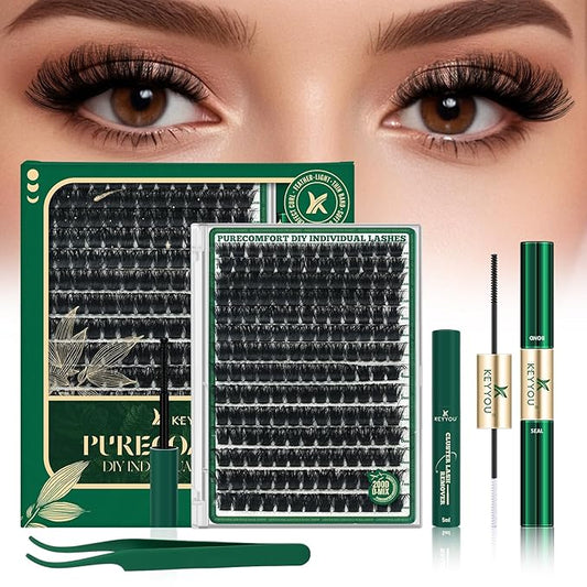 KEYYOU Lash Clusters Kit 182pcs Thick Volume Lash clusters 200D D Curl Wispy Easy to Apply with Lash Bond and Seal Lash Applicator Lash Remover Lash Extension Kit at Home(RMkit-200D-D-10-18mix)