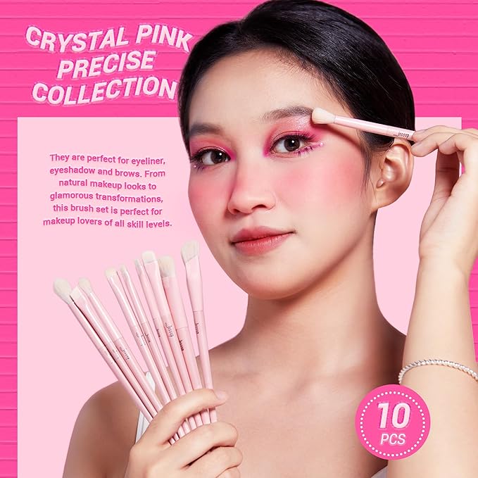Jessup Eyeshadow Brush Set 10Pcs Pink Eye Makeup Brushes Concealer Brush Premium Synthetic Eye shadow Eyeliner Smudge Crease Blending Brush for Makeup, T496