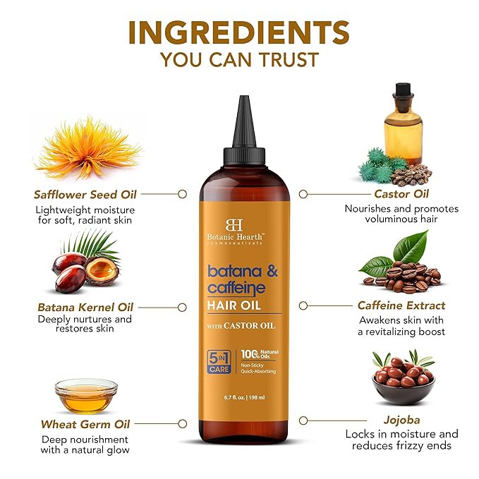 Botanic Hearth Hair Oil for Hair Growth & Hair Relaxer | Strengthening Dry, Frizzy, Damaged Hair & Scalp Treatment | Batana & Caffeine Hair Oil – 6.7 Fl Oz